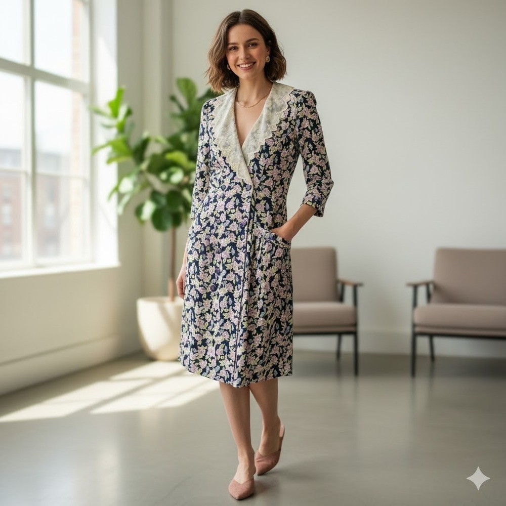 CIMMARON DRESS Navy Floral Lace Collar Midi Button Vintage Cottagecore Prairie‎